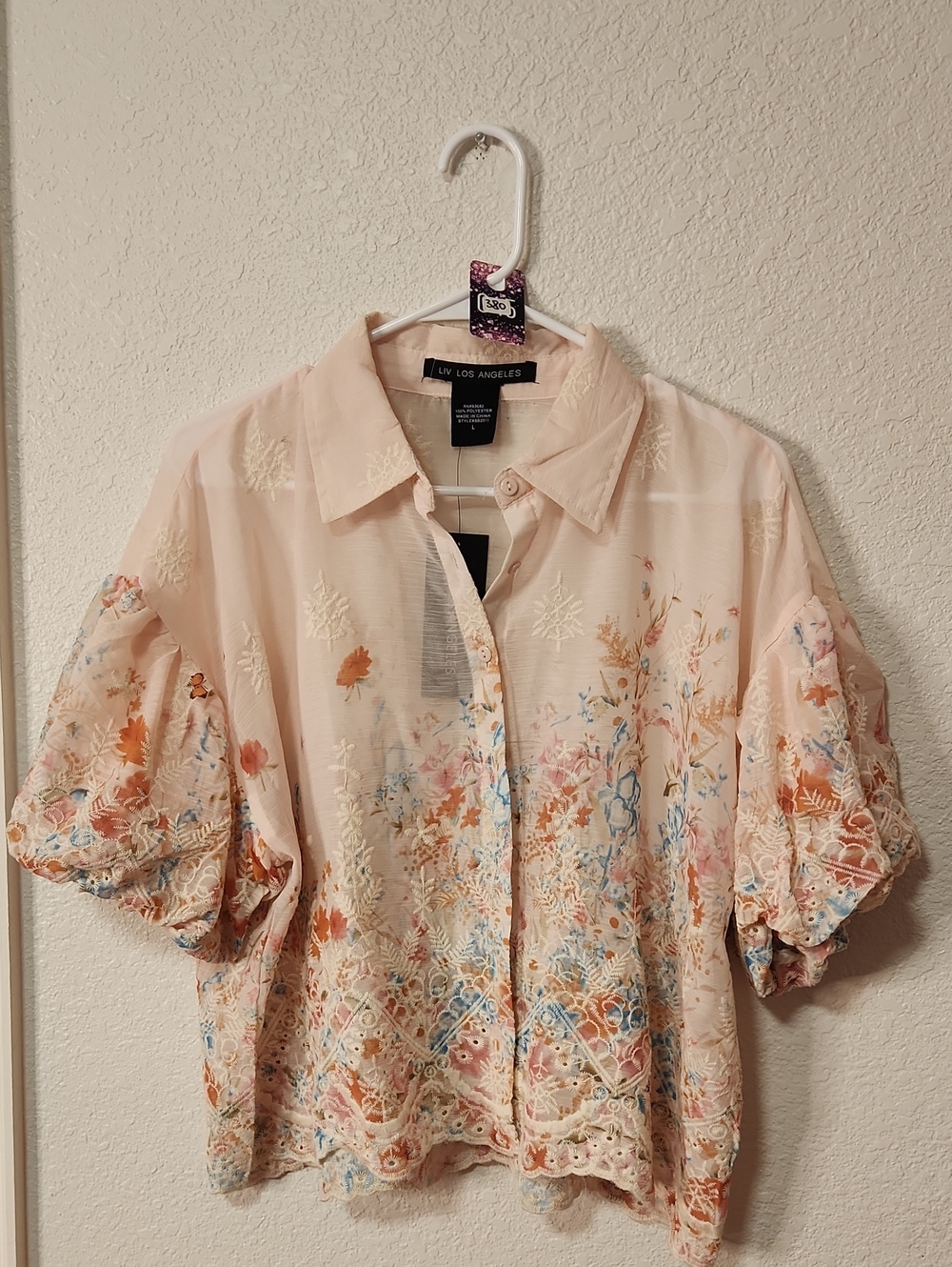 380.Liv Los Angeles Bohemian Floral Embroidered  Button-Front Puff Sleeve Top - Picture 2 of 5